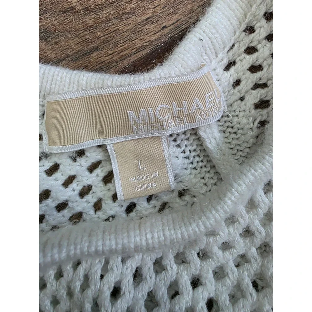 Michael Kors White Open Knit Button Back Sweater Womens Large Raglan Mesh luxury